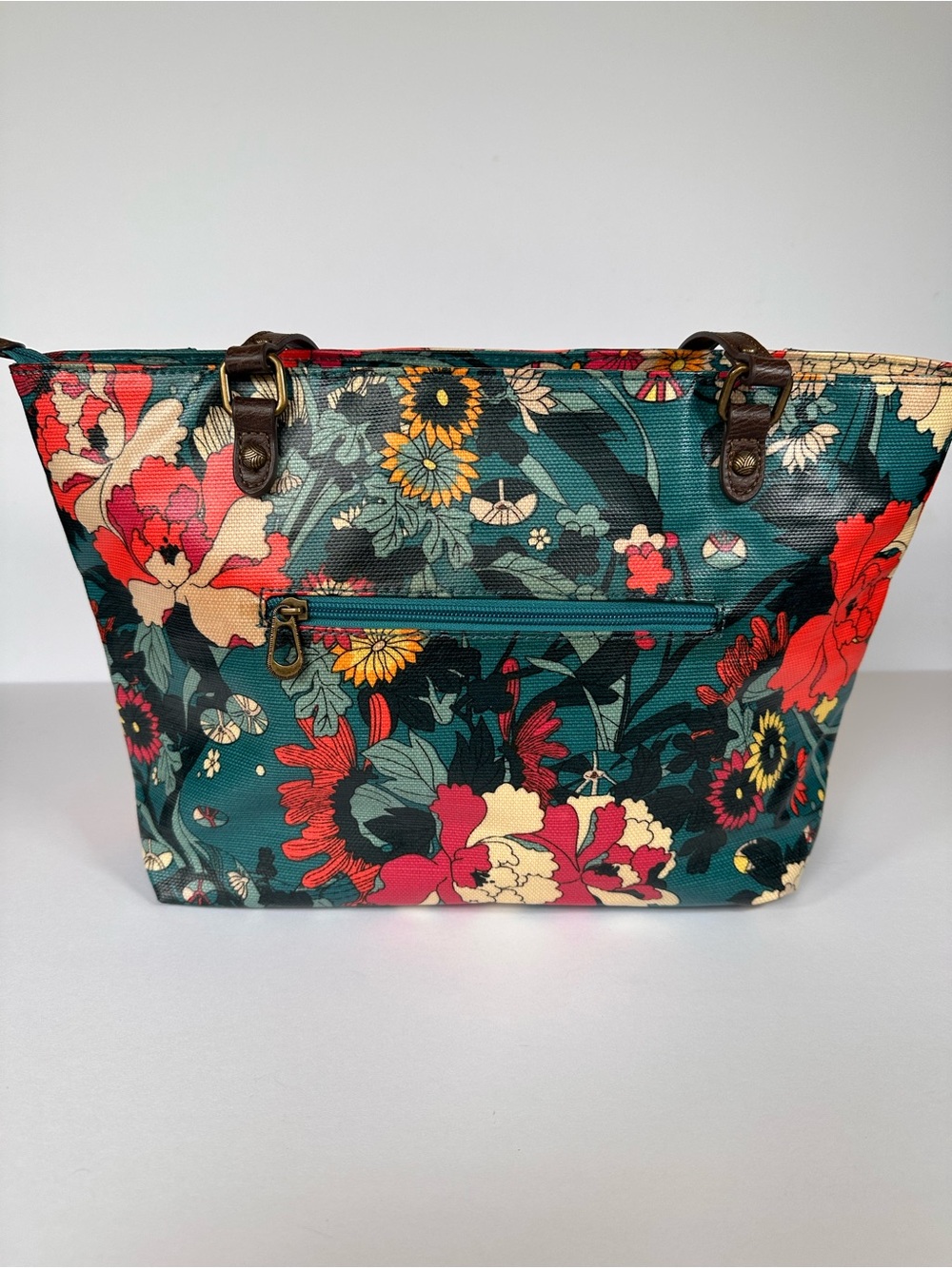 Sakroots Artist Circle Metro Tote Bag Floral Teal Coated Canvas Boho - Picture 3 of 11
